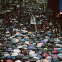 protestors with umbrellas