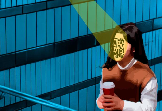 illustration of face covered in a QR code being scanned